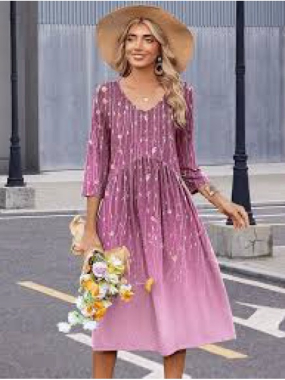 Mauve Pink Floral Ombre V-Neck Midi Dress